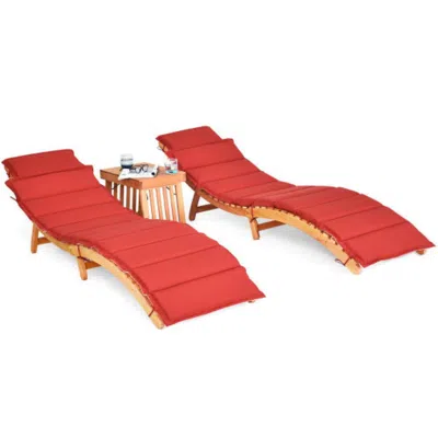 Hivvago 3 Pieces Folding Patio Eucalyptus Wood Lounge Chair Set With Foldable Side Table In Red