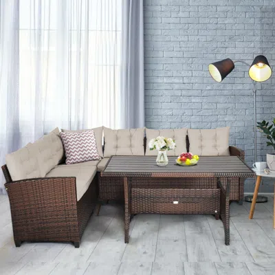 Hivvago 3 Pieces Hand-woven Rattan Outdoor Sofa Set With Dining Table In Brown
