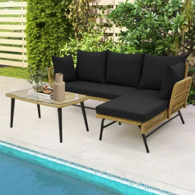 Hivvago 3 Pieces L-shaped Patio Sofa With Cushions And Tempered Glass Table-black