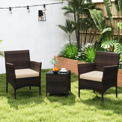 Hivvago 3 Pieces Outdoor Conversation Set With Cushioned Seat And Glass Tabletop-beige In Brown