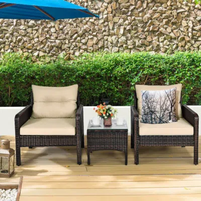 Hivvago 3 Pieces Outdoor Patio Rattan Conversation Set With Seat Cushions-beige In Brown