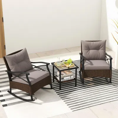 Hivvago 3 Pieces Outdoor Rattan Rocking Chairs Set With 2-tier Side Table For Garden Backyard-brown In Gray