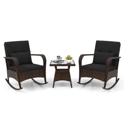 Hivvago 3 Pieces Outdoor Rocking Chair Set With Tempered Glass Coffee Table Black