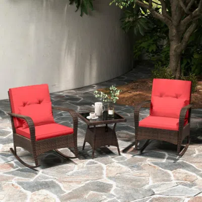 Hivvago 3 Pieces Outdoor Rocking Set With Tempered Glass Coffee Table For Backyard Poolside-red