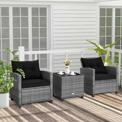 Hivvago 3 Pieces Outdoor Wicker Conversation Set With Tempered Glass Tabletop-black