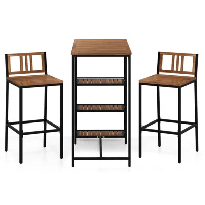 Hivvago 3 Pieces Outdoor Wood Bar Set With 3-tier Storage Shelf And Metal Frame