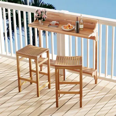 Hivvago 3 Pieces Patio Acacia Wood Bar Table Set With Footrest Curved Wood Seat In Brown