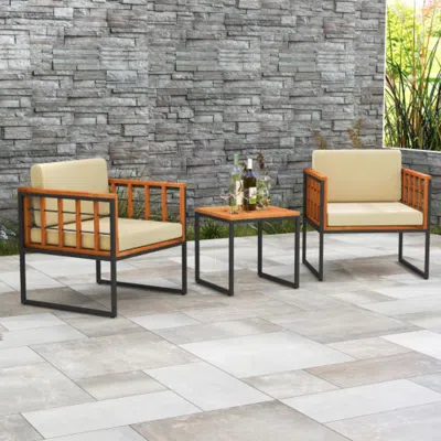 Hivvago 3 Pieces Patio Chair Set Acacia Wood Outdoor Sofa Set With Soft Cushions-beige In Brown