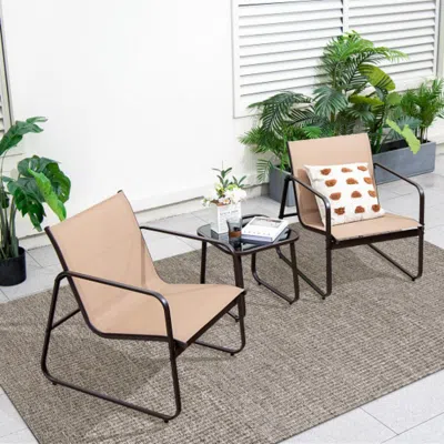 Hivvago 3 Pieces Patio Conversation Set With Breathable Fabric And Tabletop-brown In Burgundy