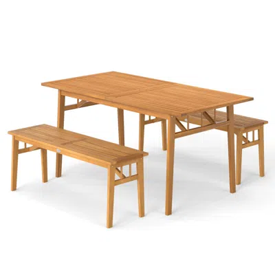 Hivvago 3 Pieces Patio Dining Set Acacia Wood Outdoor Rectangular Picnic Table And 2 Benches In Neutral