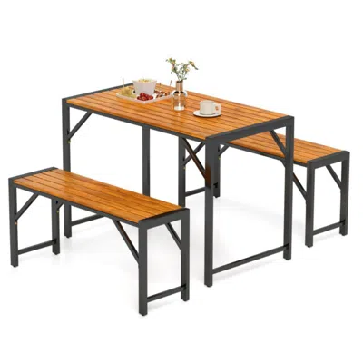 Hivvago 3 Pieces Patio Dining Set With Picnic Table And 2 Benches For 4 People In Brown