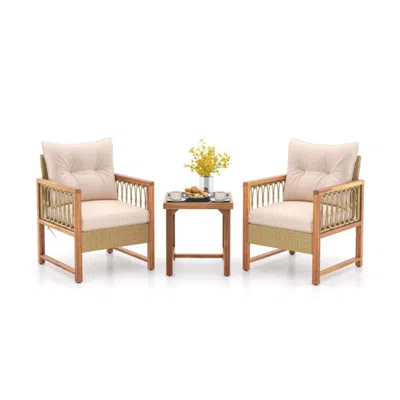 Hivvago 3 Pieces Patio Furniture Set With Acacia Wood Frame Cushions-brown