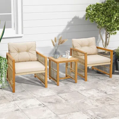 Hivvago 3 Pieces Patio Pe Wicker Conversation Set With Acacia Wood Frame And Cushions-beige In Neutral