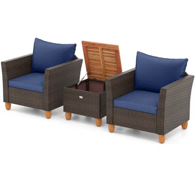 Hivvago 3 Pieces Patio Pe Wicker Furniture Set With Cushions And Acacia Wood Storage Coffee Table