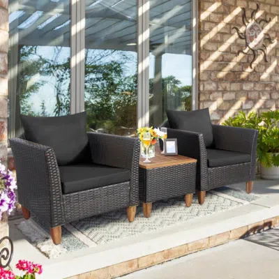 Hivvago 3 Pieces Patio Rattan Bistro Furniture Set With Wooden Table Top-black In Blue