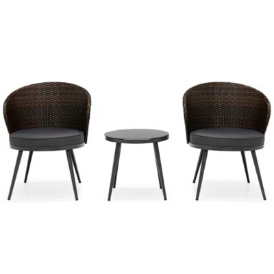 Hivvago 3 Pieces Patio Rattan Bistro Set With 2 Seat Cushions And Tempered Glass Tabletop-brown In Gray