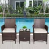 Hivvago 3 Pieces Patio Rattan Furniture Set Cushioned Sofa And Glass Tabletop Deck-white