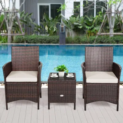 Hivvago 3 Pieces Patio Rattan Furniture Set Cushioned Sofa And Glass Tabletop Deck-white In Burgundy