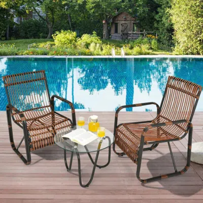 Hivvago 3 Pieces Patio Rattan Furniture Set With 2 Single Wicker Chairs And Glass Side Table In Brown