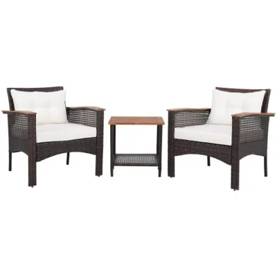 Hivvago 3 Pieces Patio Rattan Furniture Set With Acacia Wood Tabletop In White