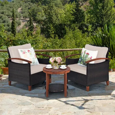 Hivvago 3 Pieces Patio Rattan Furniture Set With Washable Cushion And Acacia Wood Tabletop-blue