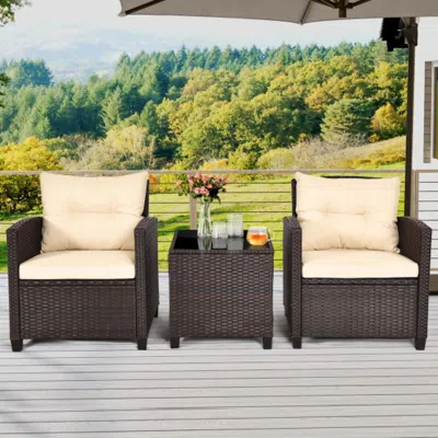 Hivvago 3 Pieces Patio Rattan Furniture Set With Washable Cushions And Tempered Glass Tabletop