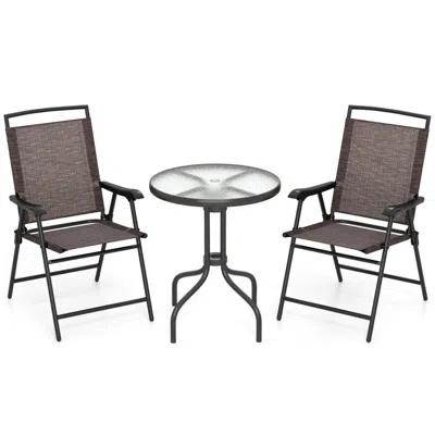 Hivvago 3 Pieces Patio Round Table And Folding Chairs Set With Rippled Tempered Glass Tabletop