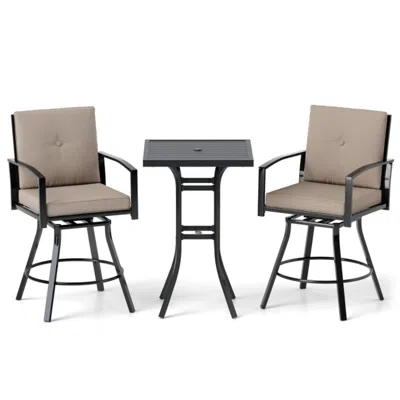Hivvago 3 Pieces Patio Swivel Bar Set With Soft Cushions And Umbrella Hole-brown In Neutral