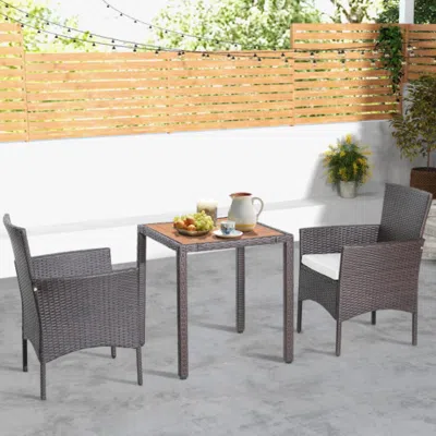 Hivvago 3 Pieces Patio Wicker Furniture Set Wih Acacia Wood Table Top And Chair Cushiones In Blue