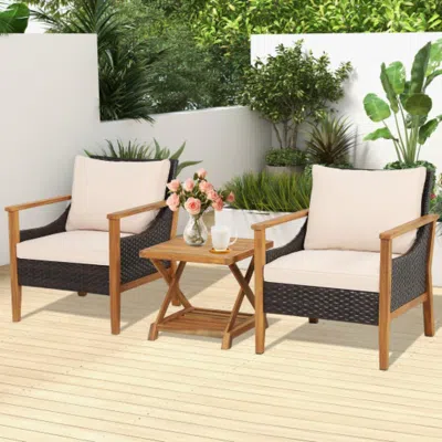 Hivvago 3 Pieces Patio Wicker Furniture Set With 2-tier Side Table And Cushioned Armchairs-natural In Neutral