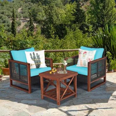 Hivvago 3 Pieces Patio Wicker Furniture Set With Washable Cushion And Acacia Wood Coffee Table-beige In Burgundy