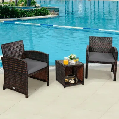 Hivvago 3 Pieces Pe Rattan Wicker Furniture Set With Cushion Sofa Coffee Table For Garden-turquoise In Brown