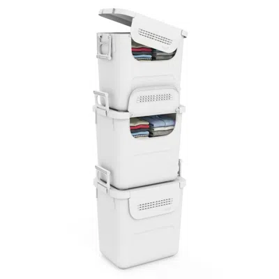 Hivvago 3 Pieces Plastic Storage Bins Stackable With Front Door And Side Handles In White