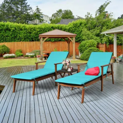Hivvago 3 Pieces Portable Patio Cushioned Rattan Lounge Chair Set With Folding Table-turquoise In Blue