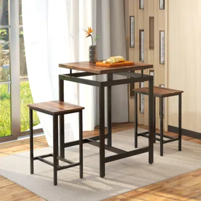 Hivvago 3 Pieces Pub Dining Table Set With Floating Tabletop And Footrest-rustic Brown