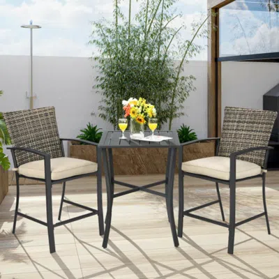 Hivvago 3 Pieces Rattan Bar Furniture Set With Slat Table And 2 Cushioned Stools-brown