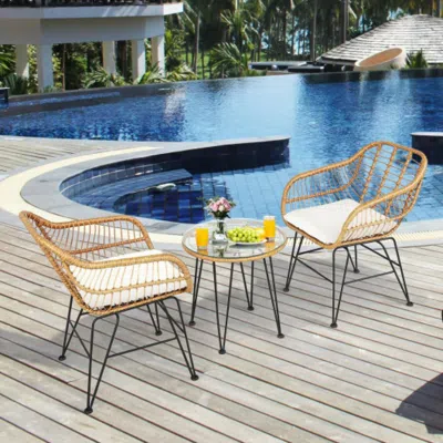 Hivvago 3 Pieces Rattan Furniture Set With Cushioned Chair Table-gray In Blue