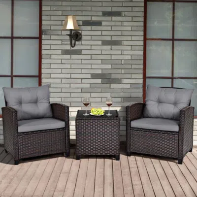 Hivvago 3 Pieces Rattan Patio Furniture Set With Washable Cushion-gray
