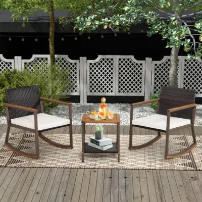 Hivvago 3 Pieces Rattan Rocking Bistro Set With Coffee Table And Cushions-navy In Gray