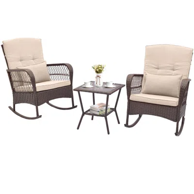 Hivvago 3 Pieces Rocking Bistro Set With 2-tier Coffee Table In Neutral