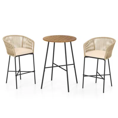 Hivvago 3 Pieces Rope Woven Patio Bar Set With Soft Cushions And Acacia Wood Tabletop-beige