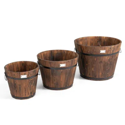 Hivvago 3 Pieces Wooden Planter Barrel Set With Multiple Size In Brown