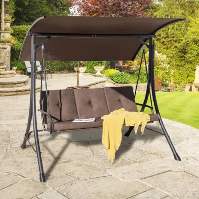 Hivvago 3-seat Outdoor Porch Swing With Adjustable Canopy And Padded Cushions-beige In Black