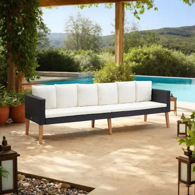 Hivvago 3 Seater Outdoor Sofa With White Fabric Cushions, Black Rattan 86 Inch