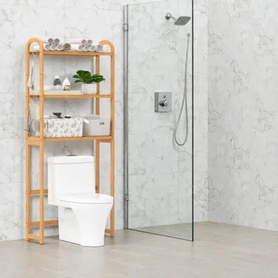 Hivvago 3-tier Bamboo Bathroom Storage Rack With 5 Adjustable Shelf Positions And 3 Hooks In Brown