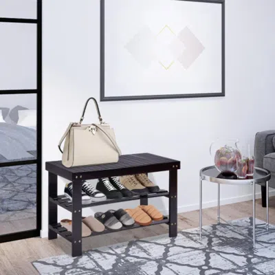 Hivvago 3 Tier Bamboo Bench Storage Shoe Shelf-black