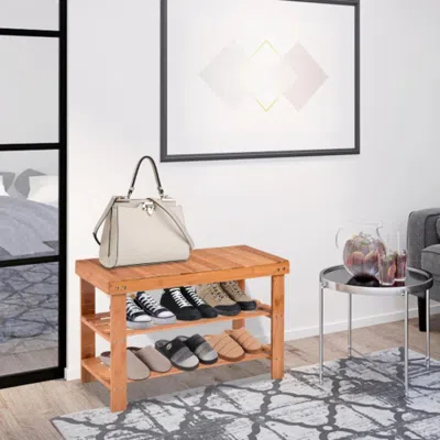 Hivvago 3 Tier Bamboo Bench Storage Shoe Shelf-natural