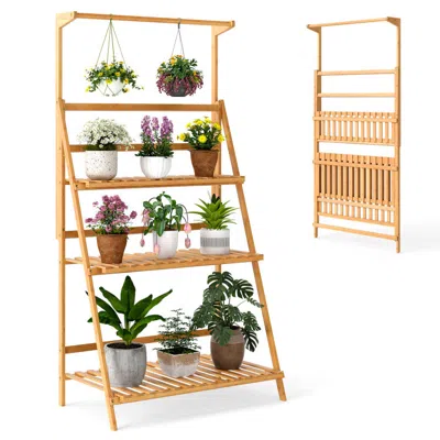 Hivvago 3 Tier Bamboo Hanging Plant Stand With Height Adjustable Hanger Rod-natural