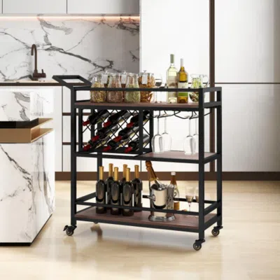 Hivvago 3-tier Bar Cart On Wheels Home Kitchen Serving Cart With Wine Rack And Glasses Holder-brown