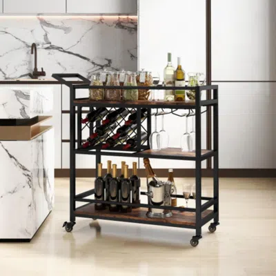 Hivvago 3-tier Bar Cart On Wheels Home Kitchen Serving Cart With Wine Rack And Glasses Holder-rustic Brown